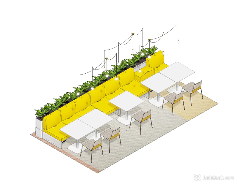 Yellow Outdoor Sofa With White Tables Chairs And Green Plants In Lounge Area 3d model 