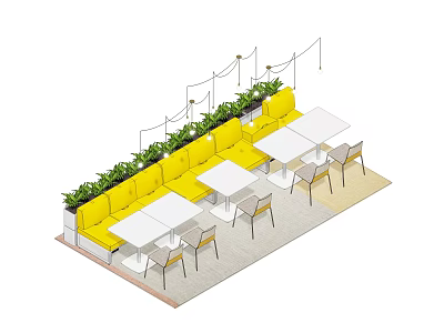 Yellow Outdoor Sofa With White Tables Chairs And Green Plants In Lounge Area 3d model