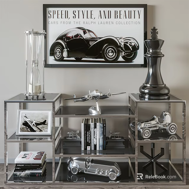 Ornamental Decor Set On Modern Shelf With Giant Chess Piece Hourglass Airplane Model Car Model 3d model 