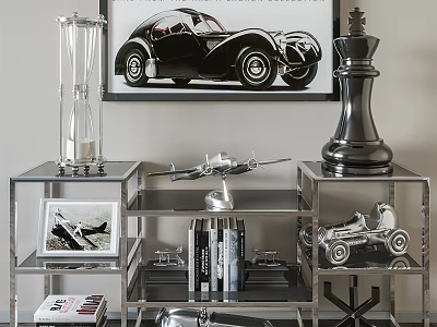 Ornamental Decor Set On Modern Shelf With Giant Chess Piece Hourglass Airplane Model Car Model 3d model
