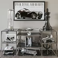 Ornamental Decor Set On Modern Shelf With Giant Chess Piece Hourglass Airplane Model Car Model
