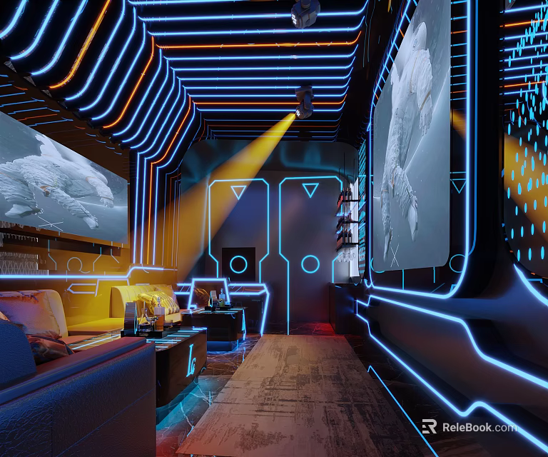 Modern KTV Interior Design With Neon Lights Comfortable Sofas And Large Screens 3d model