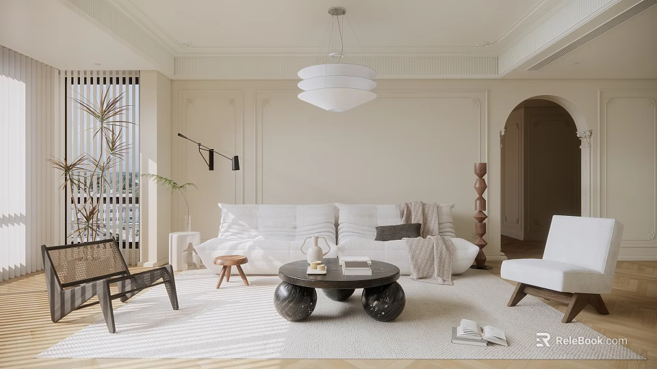 Modern Living Room Interior Design With White Sofa Black Coffee Table Green Plant And Chandelier 3d model 