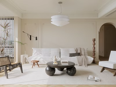Modern Living Room Interior Design With White Sofa Black Coffee Table Green Plant And Chandelier 3d model