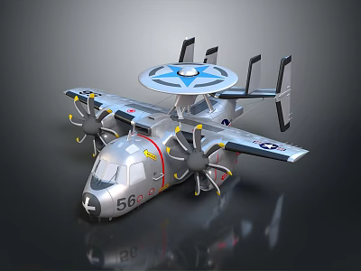 Military AWACS Aircraft Model With Silver Body Radar Dome Four Propellers And Twin Tails 3d model
