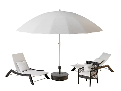 White Outdoor Umbrella With Lounge Chairs And Patio Relaxation Furniture Setup 3d model