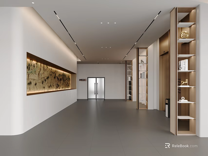 Spacious Modern Office Corridor With Decorative Wall Wooden Bookshelves And Linear Ceiling Lights 3d model 