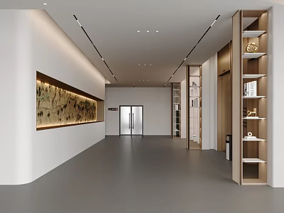 Spacious Modern Office Corridor With Decorative Wall Wooden Bookshelves And Linear Ceiling Lights 3d model
