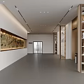 Spacious Modern Office Corridor With Decorative Wall Wooden Bookshelves And Linear Ceiling Lights