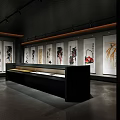 Modern Gallery Interior Design With Displayed Artworks Dark Walls And Wooden Floors
