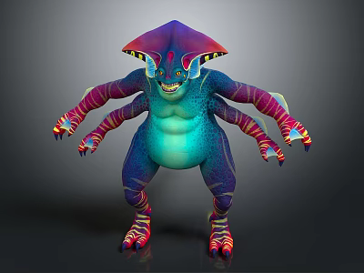 Colorful Multi Armed Fantasy Game Movie Character With Umbrella Shaped Head And Striped Limbs 3d model
