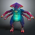 Colorful Multi Armed Fantasy Game Movie Character With Umbrella Shaped Head And Striped Limbs