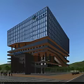 Modern Office Building With Glass Facade Multi Level Structure And Trees Around Sunset View