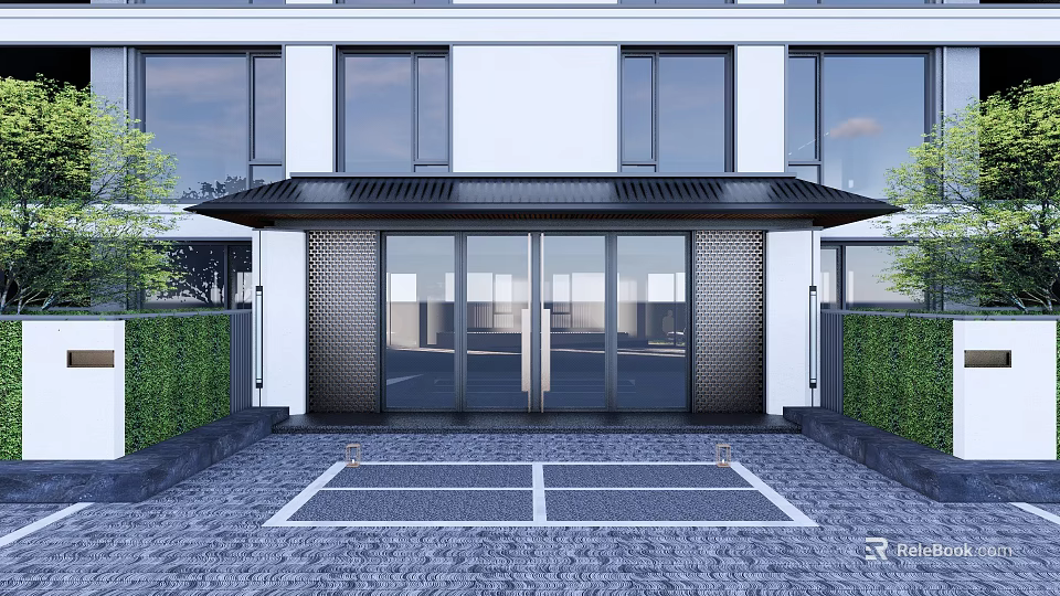 Entrance Gate With Glass Doors Black Canopy White Building Exterior Green Hedges And Gray Stone Pavement 3d model 