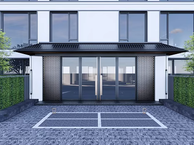 Entrance Gate With Glass Doors Black Canopy White Building Exterior Green Hedges And Gray Stone Pavement 3d model