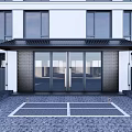 Entrance Gate With Glass Doors Black Canopy White Building Exterior Green Hedges And Gray Stone Pavement