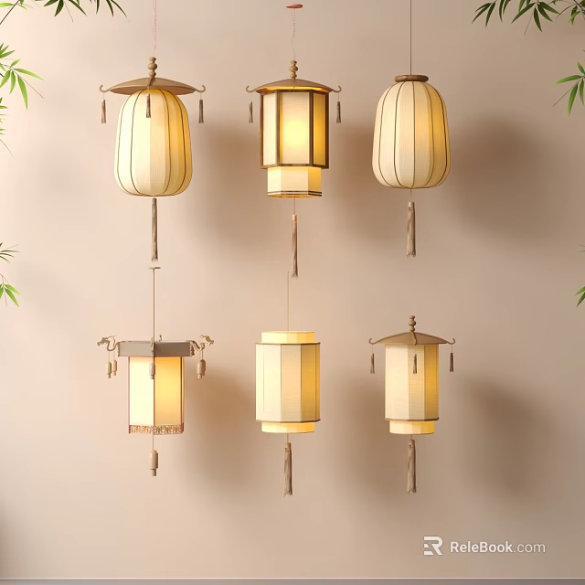 Elegant Traditional Hanging Lanterns With Various Designs Beige Color And Bamboo Leaves Home Decor 3d model 