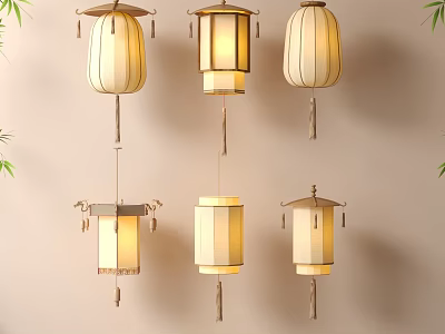 Elegant Traditional Hanging Lanterns With Various Designs Beige Color And Bamboo Leaves Home Decor 3d model