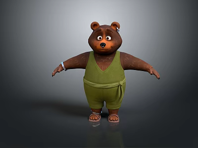 Cute Brown Cartoon Bear 3D Model With Open Arms Wearing Green Overalls 3d model
