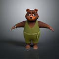 Cute Brown Cartoon Bear 3D Model With Open Arms Wearing Green Overalls
