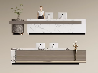 Modern Front Desk Reception Area With Marble Countertop Receptionist Computers And Potted Plant 3d model