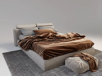 Cozy Beige Double Bed With Brown Blanket Checkered Pillows Gray Rug And Pouf 3d model