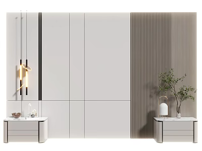Modern Bed Backdrop Wall Design With Nightstands Plants And Lights 3d model