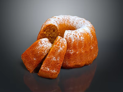 Homemade Bundt Cake Dusted with Powdered Sugar and Sliced Pieces Beside 3d model