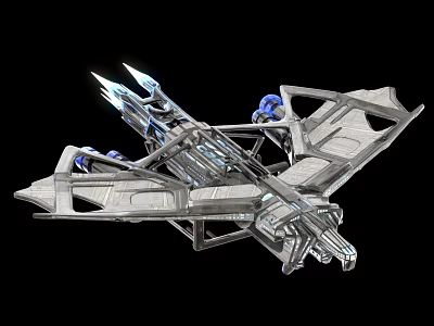 Futuristic Sci Fi Aircraft With Silver Metallic Structure And Blue Engines 3d model