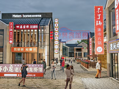 Bustling Commercial Street with Various Shops Pedestrians and Lively Urban Atmosphere 3d model