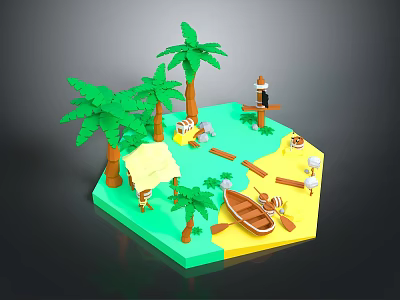 Tropical Island Scene With Palm Trees Sandy Beach Rowboat Umbrella And Lighthouse 3d model