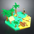 Tropical Island Scene With Palm Trees Sandy Beach Rowboat Umbrella And Lighthouse