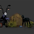 Outdoor Yard Items With Blue Motorcycle Wooden Dog House Green Dog Chainsaw Bowl And Plants