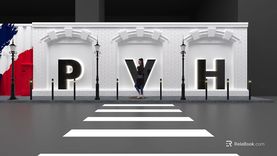 Person Standing By PVH Letters With White Brick Wall And Street Lamps Near Zebra Crossing 3d model 