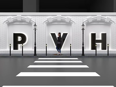 Person Standing By PVH Letters With White Brick Wall And Street Lamps Near Zebra Crossing 3d model