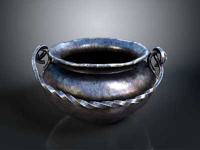 Silver Decorative Household Vessel With Textured Surface And Ornate Handles 3d model