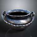 Silver Decorative Household Vessel With Textured Surface And Ornate Handles