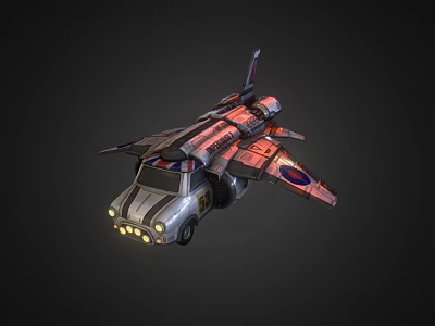 Futuristic Flying Car With Red And Silver Body Yellow Front Lights And Wings 3d model
