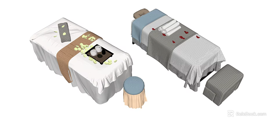 Cozy Massage Bed With White Sheets Blanket Tray Cups Green Leaves Red Petals And Stool 3d model 
