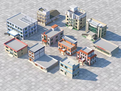 Various Styles Small Building Models Arranged On Square Tile Ground 3d model