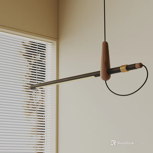 Modern Wooden and Metal Long Bar Pendant Light in Room with Window Blinds 3d model 