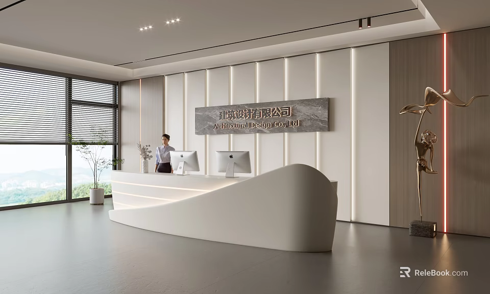 Modern Front Desk Reception With White Curved Desk Company Sign Bright Interior And Decorative Sculpture 3d model 