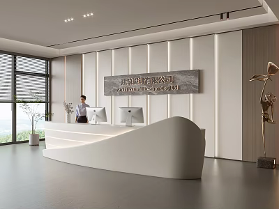 Modern Front Desk Reception With White Curved Desk Company Sign Bright Interior And Decorative Sculpture 3d model