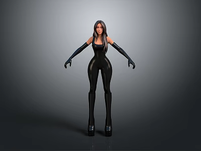 Woman in Black Tight Fitting Outfit with Long Gloves and High Heels against Gray Background 3d model
