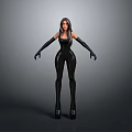 Woman in Black Tight Fitting Outfit with Long Gloves and High Heels against Gray Background