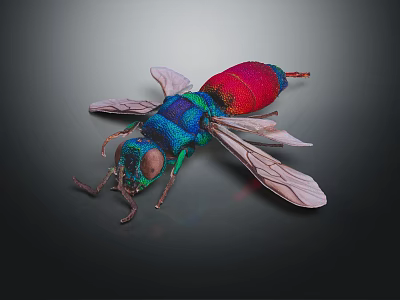 Colorful Insect With Blue Red Green Body And Transparent Wings On Dark Background 3d model