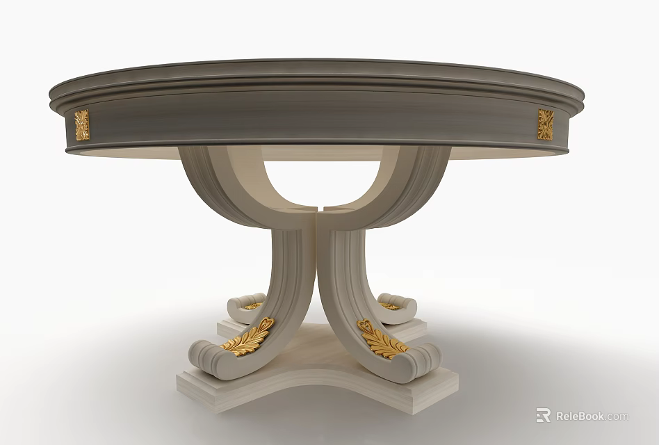 Elegant Round Dining Table With Gray Tabletop White Base And Gold Decorative Accents 3d model 