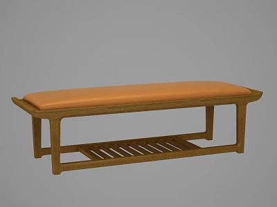 Wooden Footstool Bench With Orange Cushion And Slatted Lower Shelf 3d model