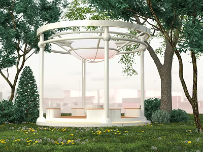 White Round Garden Pergola With Trees Grass Flowers And Benches 3d model