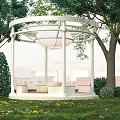 White Round Garden Pergola With Trees Grass Flowers And Benches